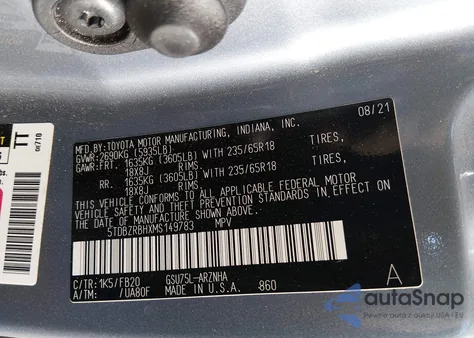 2021 Toyota Highlander Le from USA, damaged, VIN 5TDBZRBHXMS149783